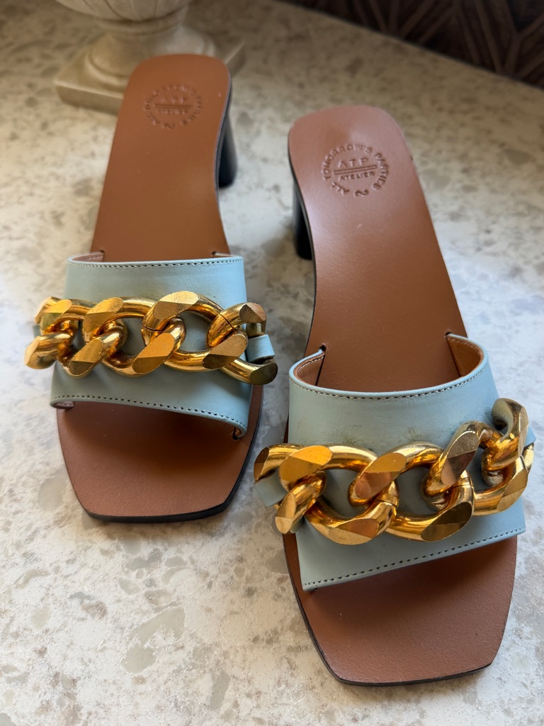 Atp Light Blue W/ Gold Chain-Accent Women’s Slide Sandals Size Eur 39